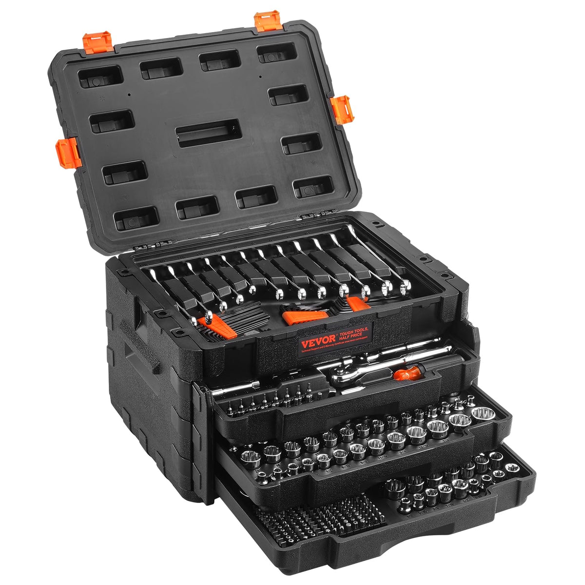VEVOR Mechanics Tool Set, 308-Piece Mechanic Tool Kit, 1/4 in, 3/8 in, and 1/2 in Drive, SAE and Metric Socket Set, Wrenches, Screwdriver Bits, Accessories, and Storage Case, for Automotive Repair
