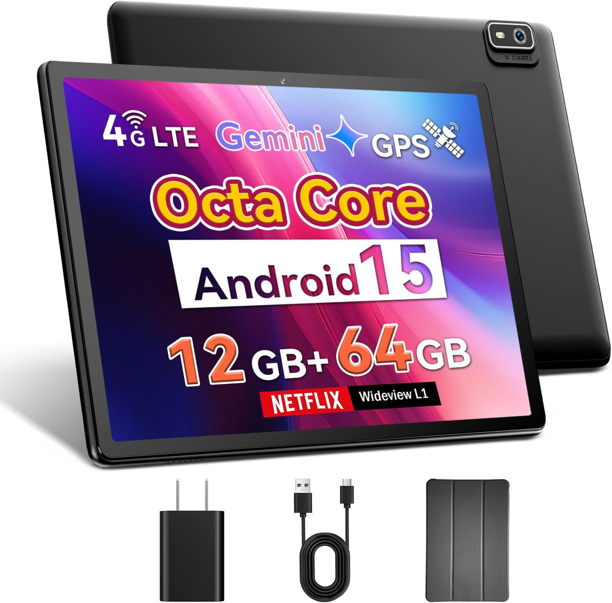 10 inch 2-in-1 Android 15 Tablet with Keyboard, Mouse, and Case, 4G LTE Cellular, 12GB RAM + 64GB ROM (2TB Expandable), MediaTek Octa-Core 2.0GHz, Gemini AI, IPS Display, 5G Wi-Fi, GPS, Bluetooth