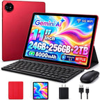 11 Inch Android Tablet, Incell IPS Display, GMS Certified, Gemini AI Assistant, 24GB RAM+256GB ROM, 2TB Expand, 8000mAh, Octa-Core, Keyboard & Mouse Included, Full Metal Body, 5G WiFi, BT5.0, GPS-Red