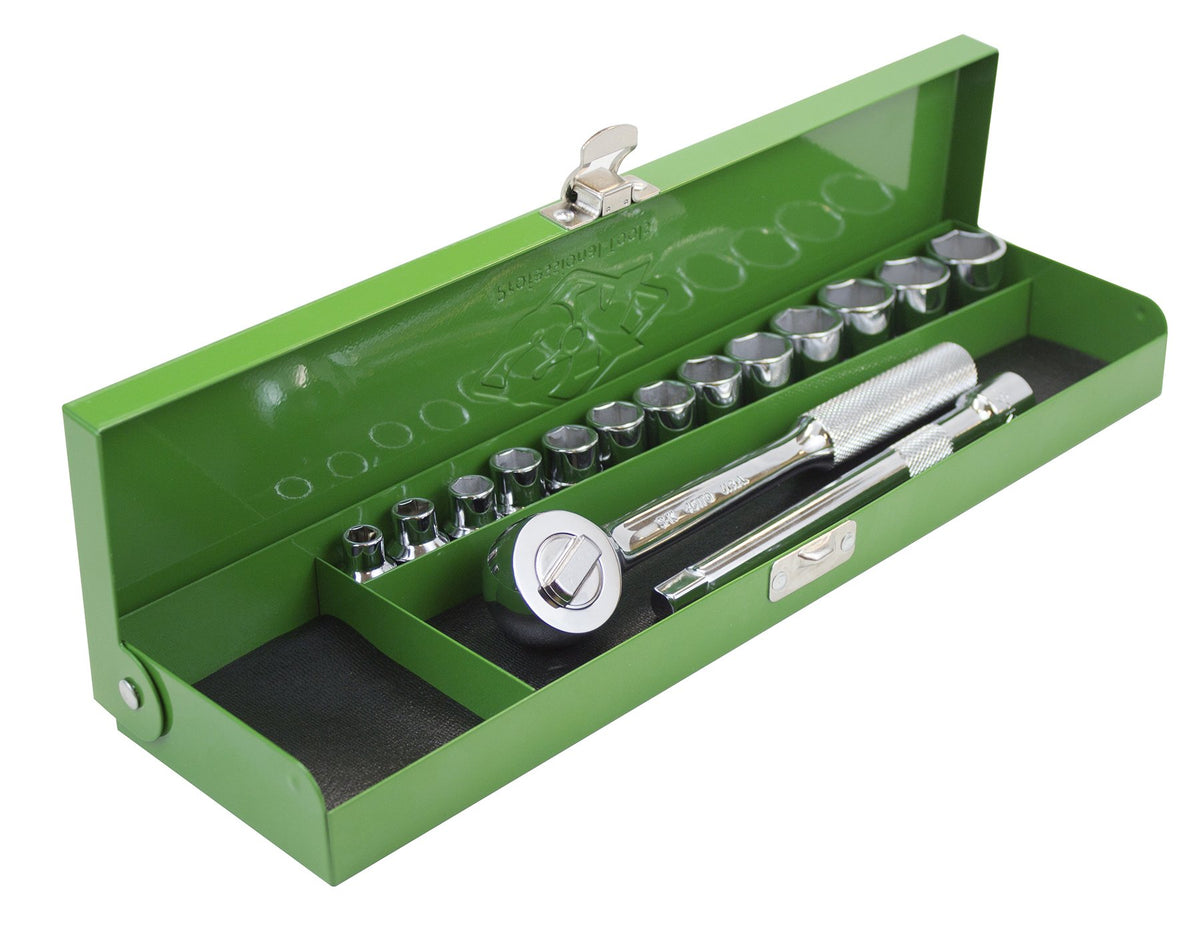 SK Tools USA 3/8" Drive, 20 Piece, 6 Point, Standard Metric Chrome Socket Set in Classic Metal Box: 7MM - 24MM | 94521