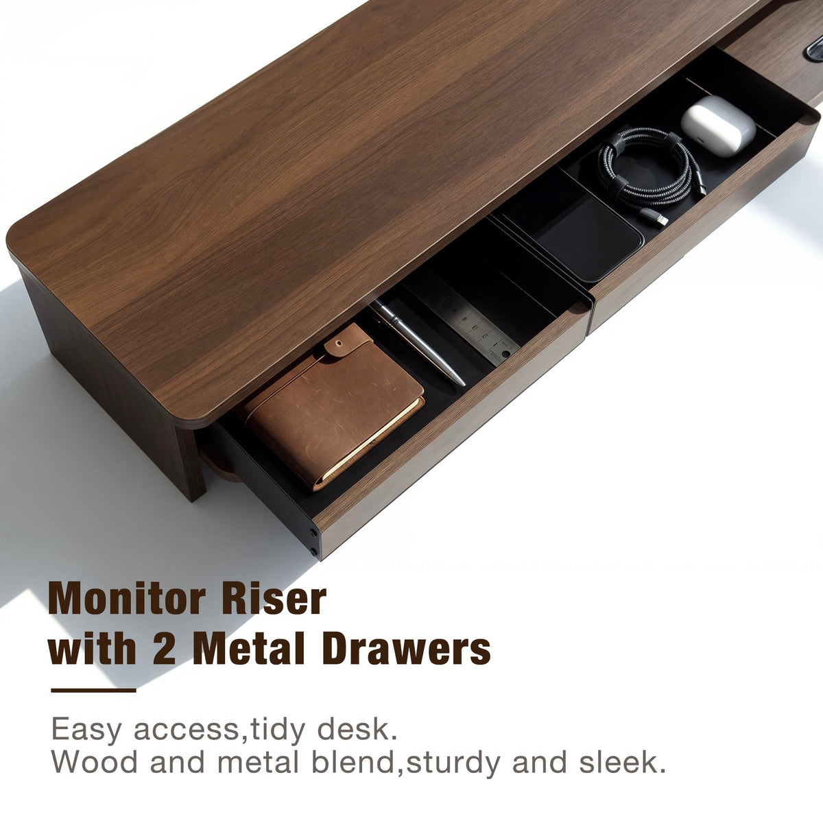 Dual Monitor Stand Riser, Desk Shelf, Desk Organizer with Drawers