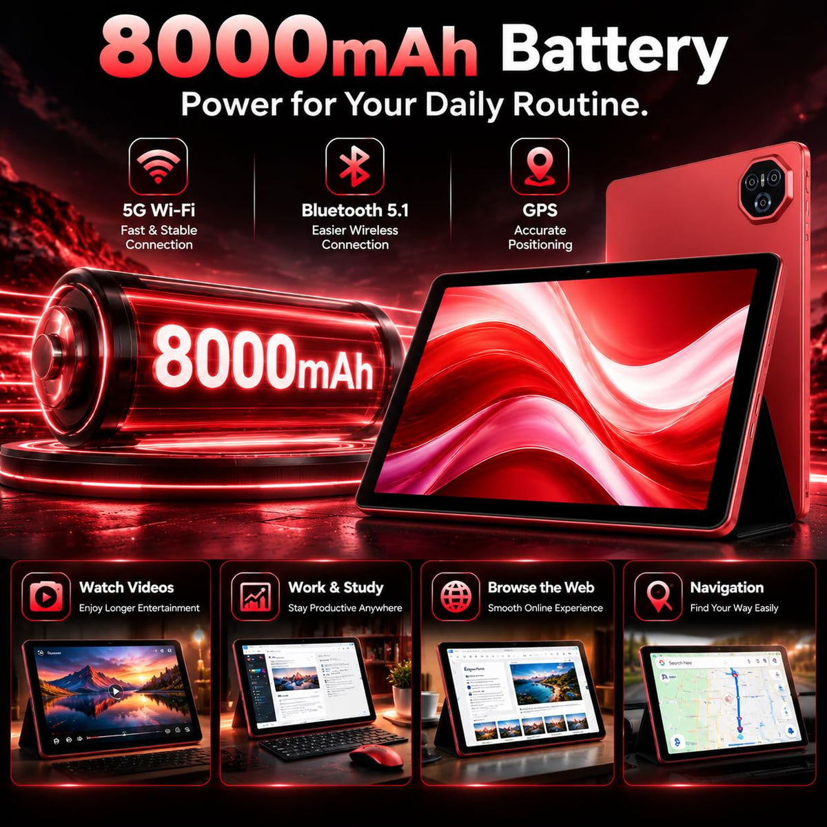 11 Inch Android Tablet, Incell IPS Display, GMS Certified, Gemini AI Assistant, 24GB RAM+256GB ROM, 2TB Expand, 8000mAh, Octa-Core, Keyboard & Mouse Included, Full Metal Body, 5G WiFi, BT5.0, GPS-Red