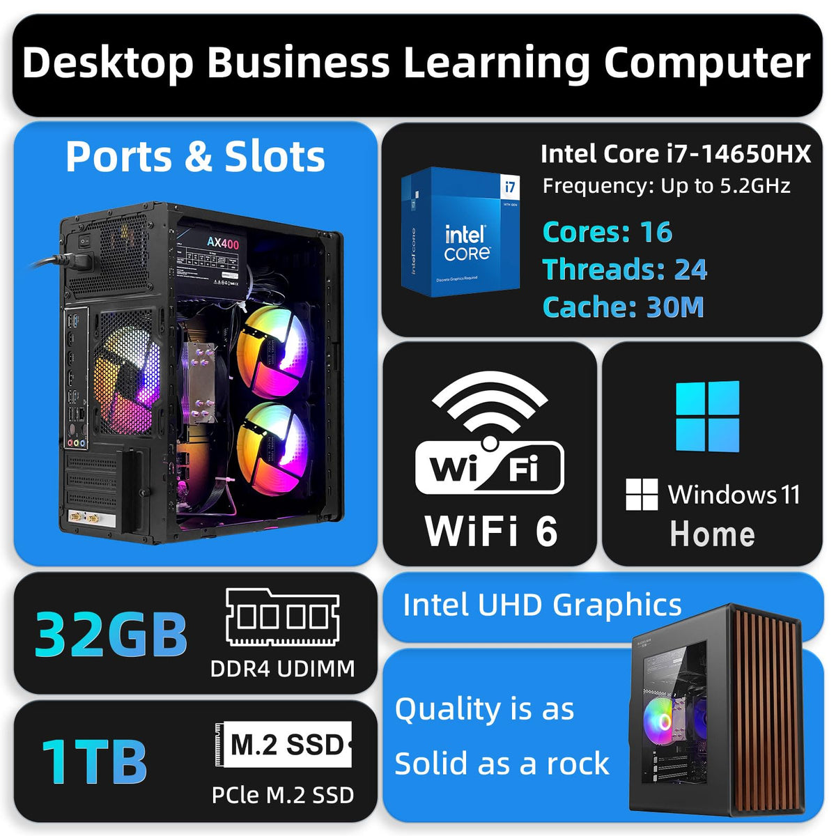 Tower Business Desktop Computer PC - Intel 14th Generation Core i7-14650HX ，16 cores and 24 Threads, 32GB DDR4 3200 RAM, 1TB M.2 NVME SSD,Windows 11 Home,WiFi，HDMI,RJ-45,Wired Keyboard & Mouse.