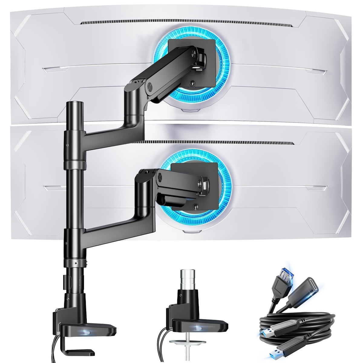 ARES WING Dual Monitor Stand for Desk, Arm with USB A/C for 17 to 49 Inch