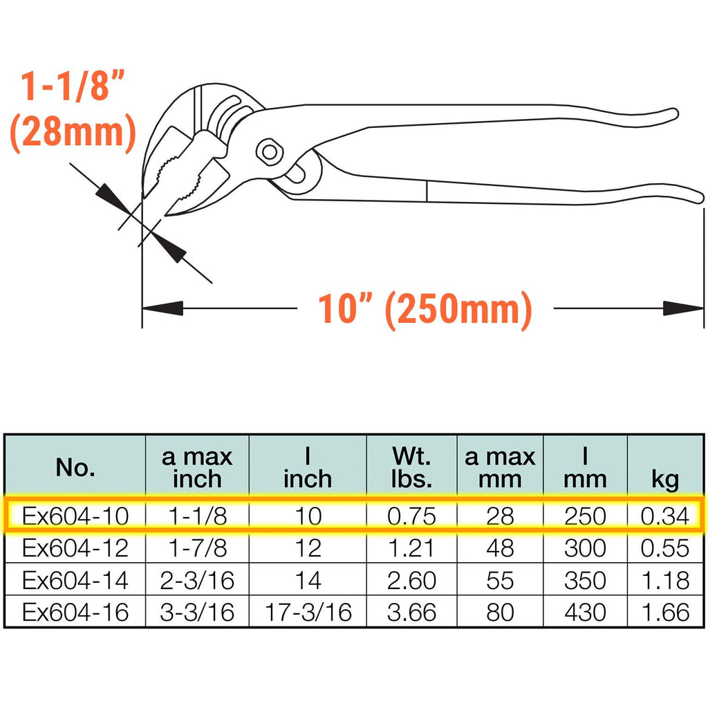 CS Unitec | Non-Sparking Pliers | Groove Joint | 10 in. | Max 1-1/8 in. | TUV Certified | Aluminum Bronze | Non-Magnetic | Corrosion Resistant | EX604-10A