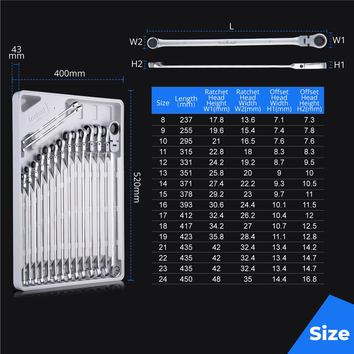 toolant 16PCS Extra Long Ratcheting Wrench Set Flex Head Metric 8-24mm