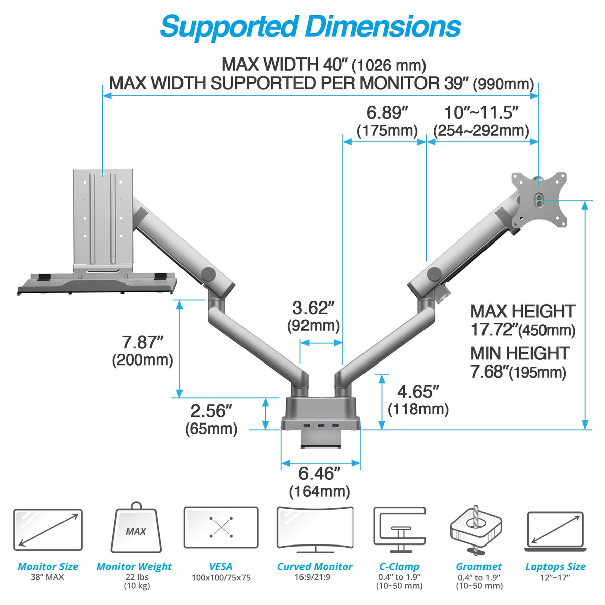 AVLT Laptop & Monitor Arm Desk Mount for 17-38" Screens, USB-C Dock - Gray