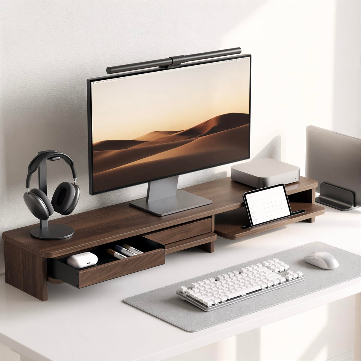 Dual Monitor Stand Riser, Desk Shelf, Desk Organizer with Drawers