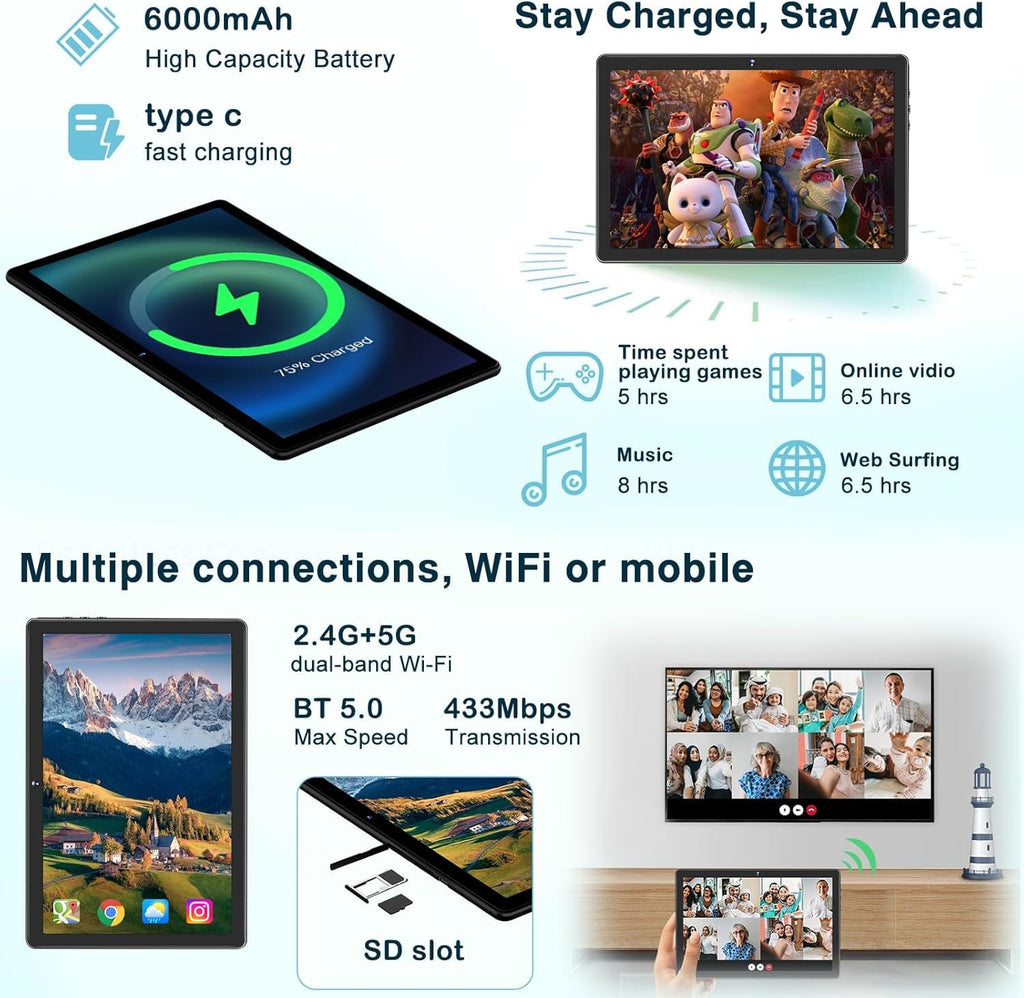 JUSYEA Tablet 10 Inch Android, 12GB+128GB+1TB TF, Family Edition, 5G+2.4G WiFi, 2.0GHz Dual-Core Processor, BT 5.0, 6000mAh Battery, 8MP+5MP Cameras, Includes EVA Case-Black