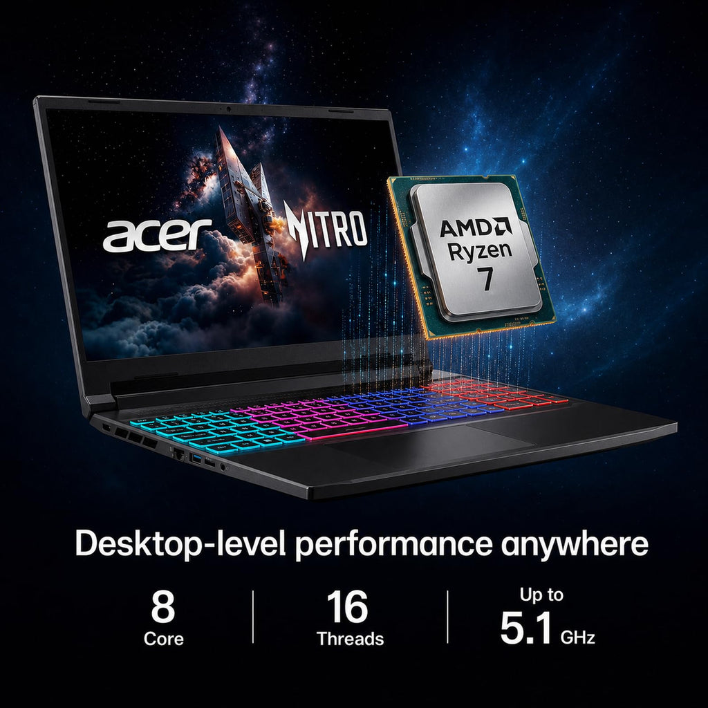 Acer Nitro V16 Gaming Laptop, 16" WQXGA LED 180Hz (100% sRGB), AMD Ryzen 7 260, 32GB DDR5 2TB Gen4 SSD, GeForce RTX 5070 DLSS4, Backlit Keyboard, RJ 45, SD Card Slot, WiFi 6E, Win 11 with Accessory