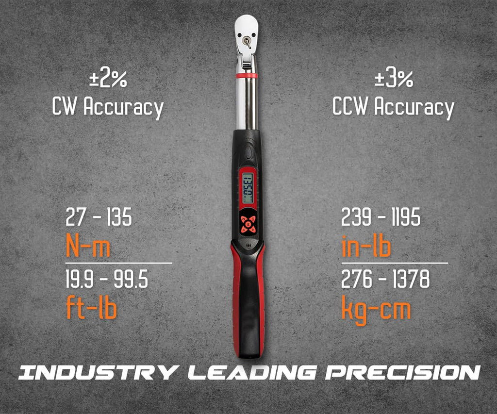 Tapha Tools 3/8 inch Flex-Head Digital Torque Wrench, 5-99.5 ft-lbs (6.8-135 N-m) Torque Range ±2% Accuracy, LED and Buzzer, Preset Memory, ISO 6789 Tested and Calibrated (DKF3N-T135BN)