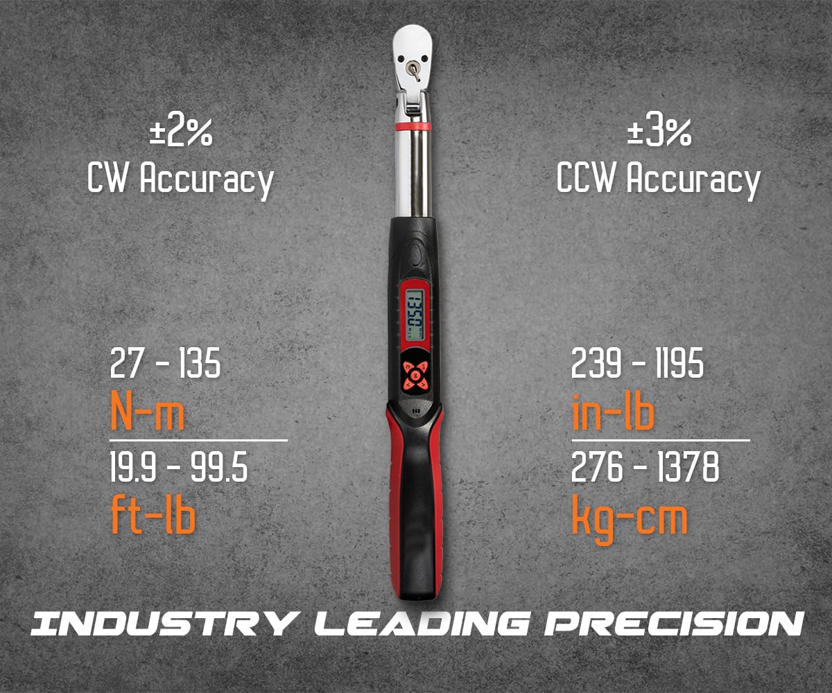 Tapha Tools 3/8 inch Flex-Head Digital Torque Wrench, 5-99.5 ft-lbs (6.8-135 N-m) Torque Range ±2% Accuracy, LED and Buzzer, Preset Memory, ISO 6789 Tested and Calibrated (DKF3N-T135BN)