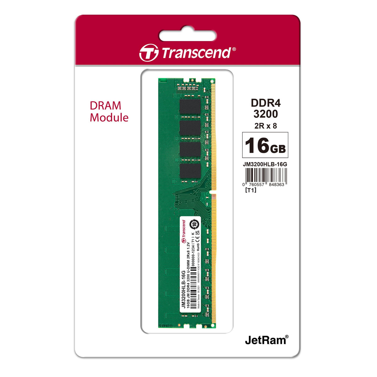 Transcend JetRam 16GB DDR4 RAM 3200MHz U-DIMM CL22, Desktop Memory Module