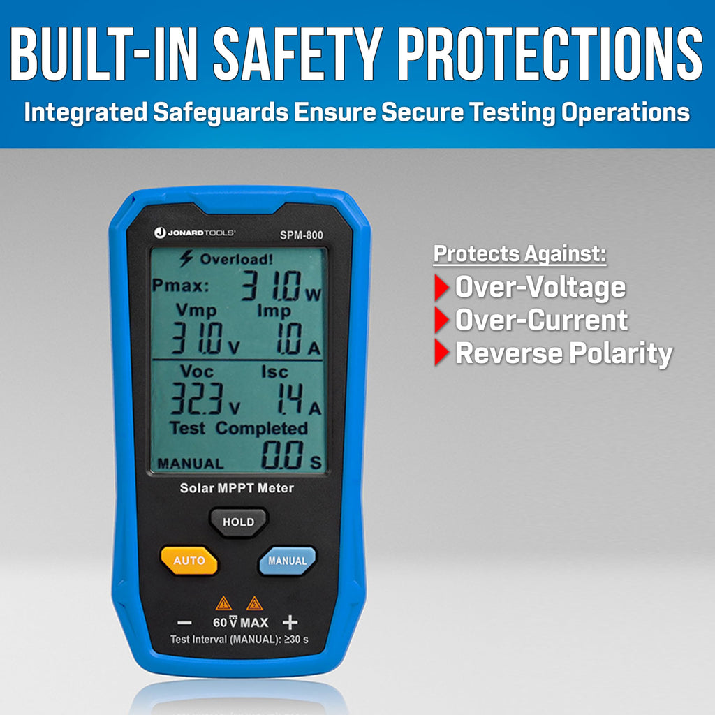 Jonard Tools SPM-800 Solar MPPT Power Meter - High-Precision Voltage, Current & Power Measurement, MC4 Leads, LCD Display, Safety Protections for Solar Panels