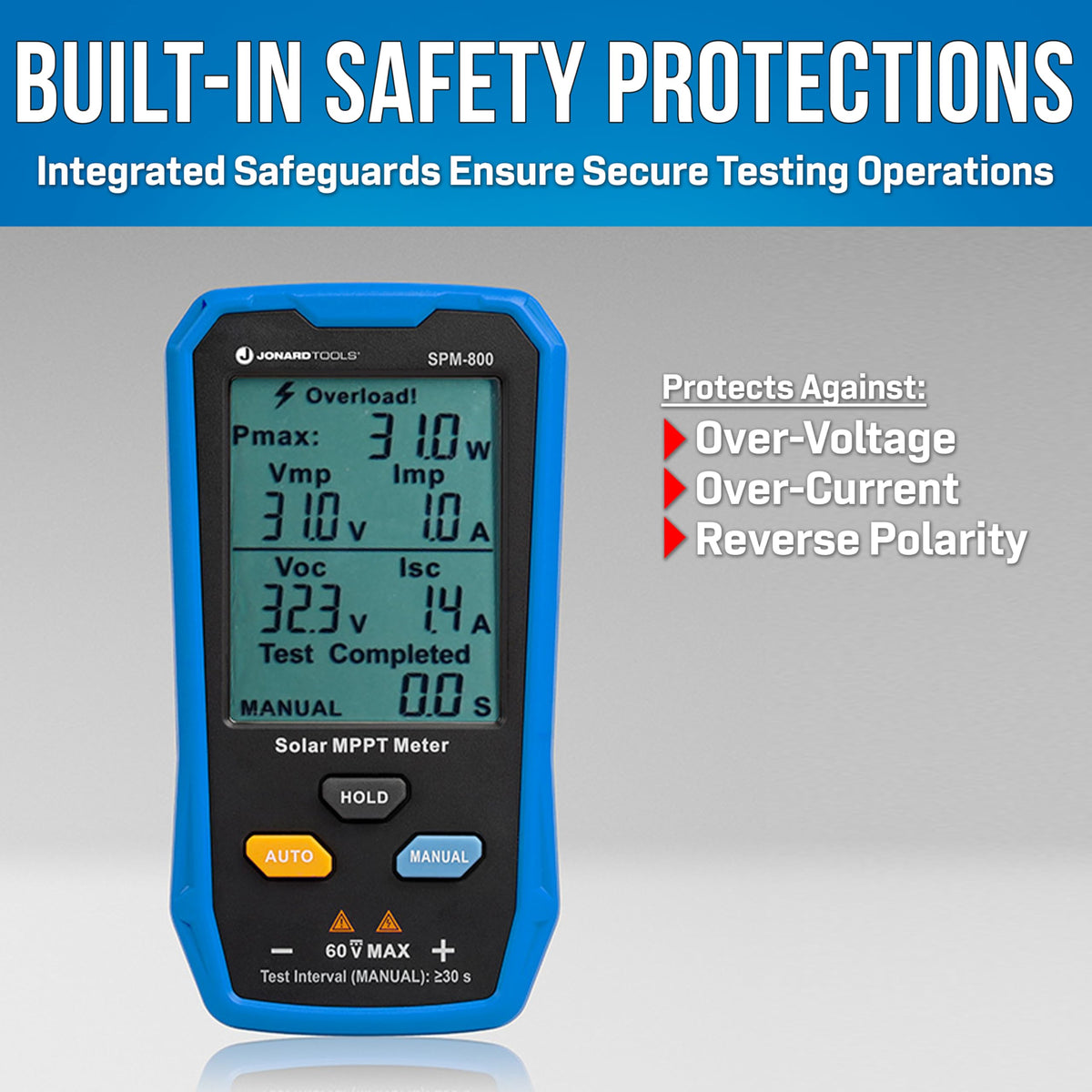 Jonard Tools SPM-800 Solar MPPT Power Meter - High-Precision Voltage, Current & Power Measurement, MC4 Leads, LCD Display, Safety Protections for Solar Panels