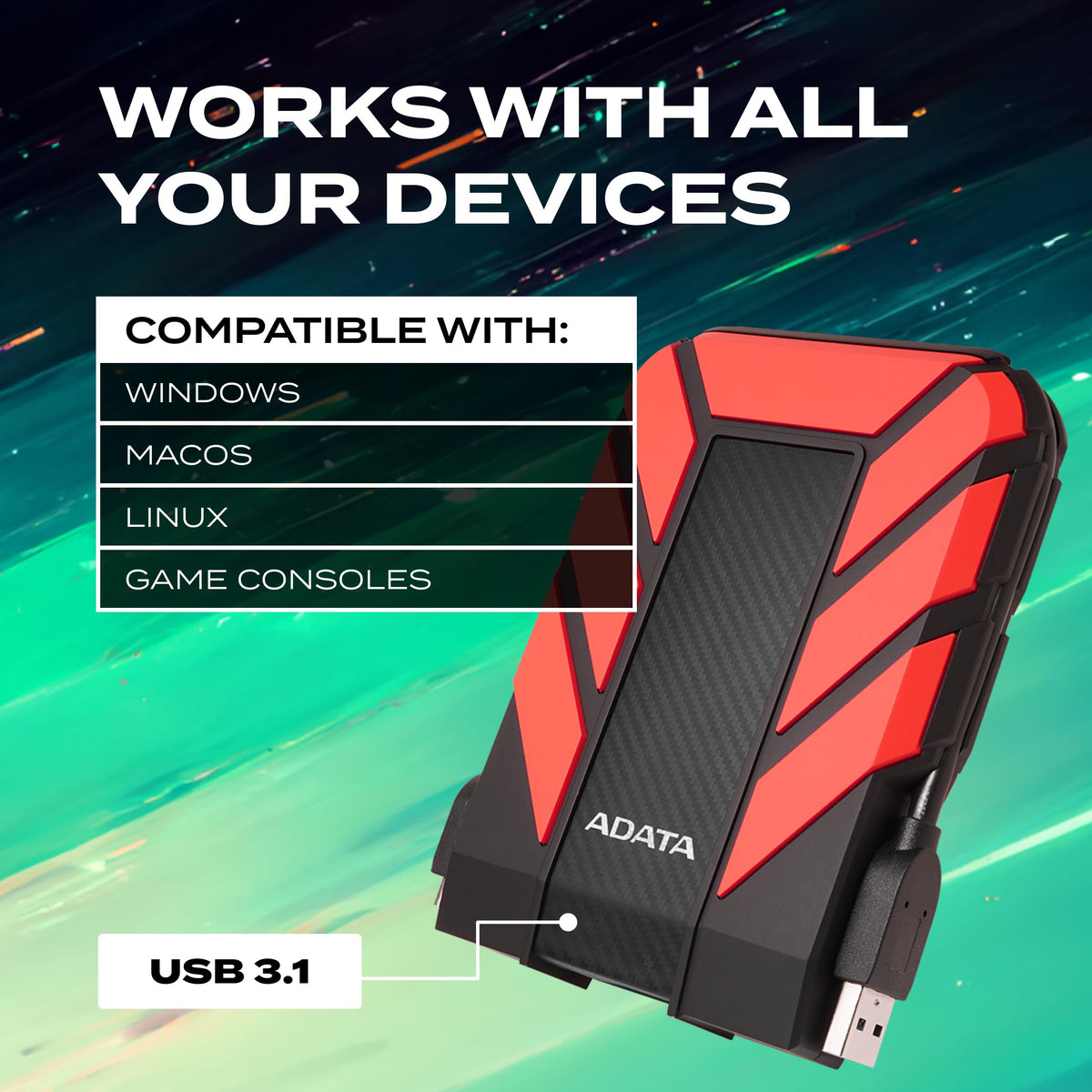 ADATA HD710 Pro External Hard Drive, Red, 1TB