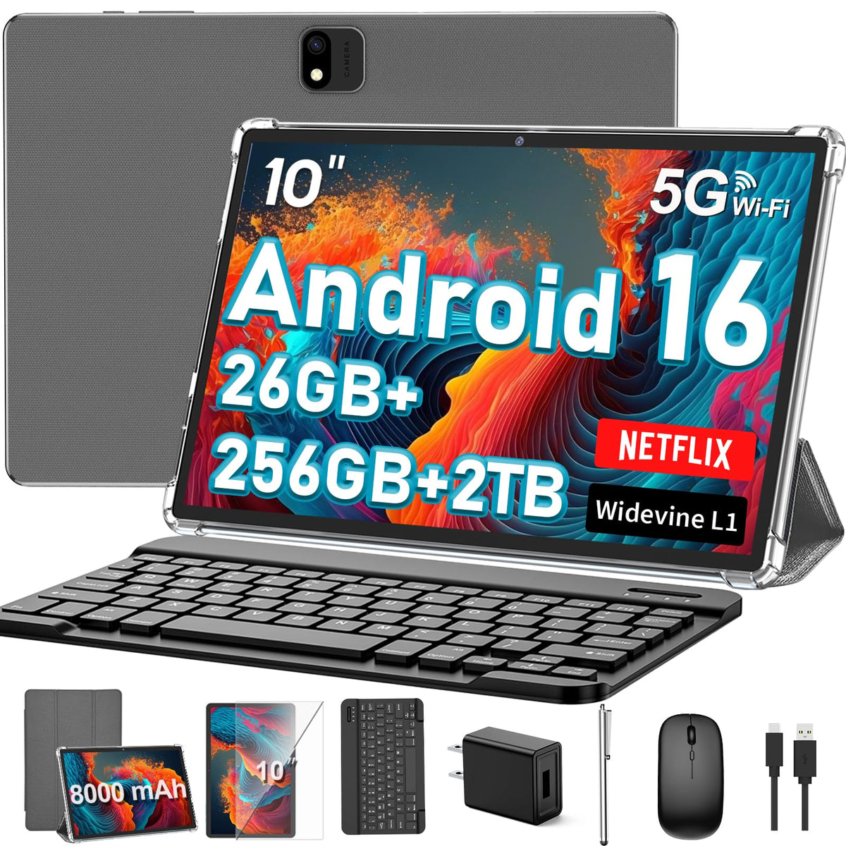 2026 10 Inch Tablet, Android 16 Tablet with Keyboard, 26GB+256GB+2TB Expand