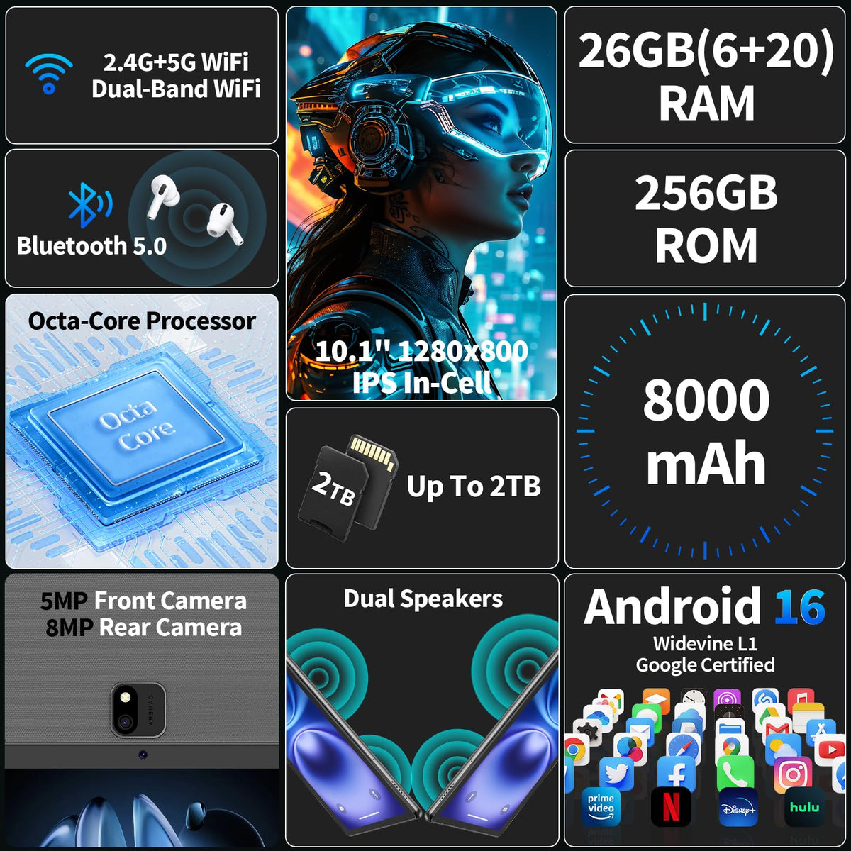 10 Inch Tablet with Keyboard - Android 16 Tablet with 26GB+256GB+2TB Expand