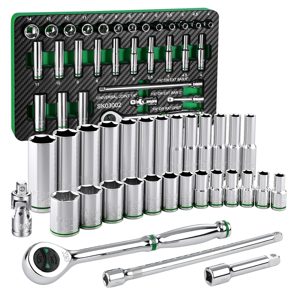 SK 3/8" Drive Socket Set with 90-Tooth Ratchet, SAE & Metric, CR-V Steel