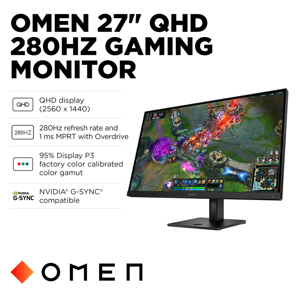 HP OMEN 27 inch QHD 280Hz Gaming Monitor, QHD Display (2560 x 1440), IPS Black Technology, VESA DisplayHDR 400, 1ms MPRT (with Overdrive), NVIDIA G-SYNC Compatible, Black, OMEN 27qs G2 (2026)