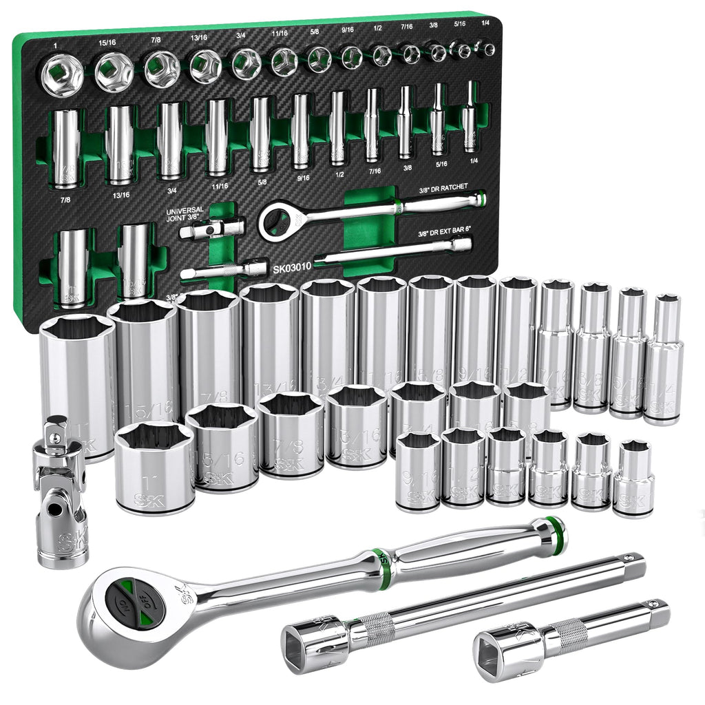 SK 3/8" Drive Socket Set with 90-Tooth Ratchet, SAE & Metric, CR-V Steel
