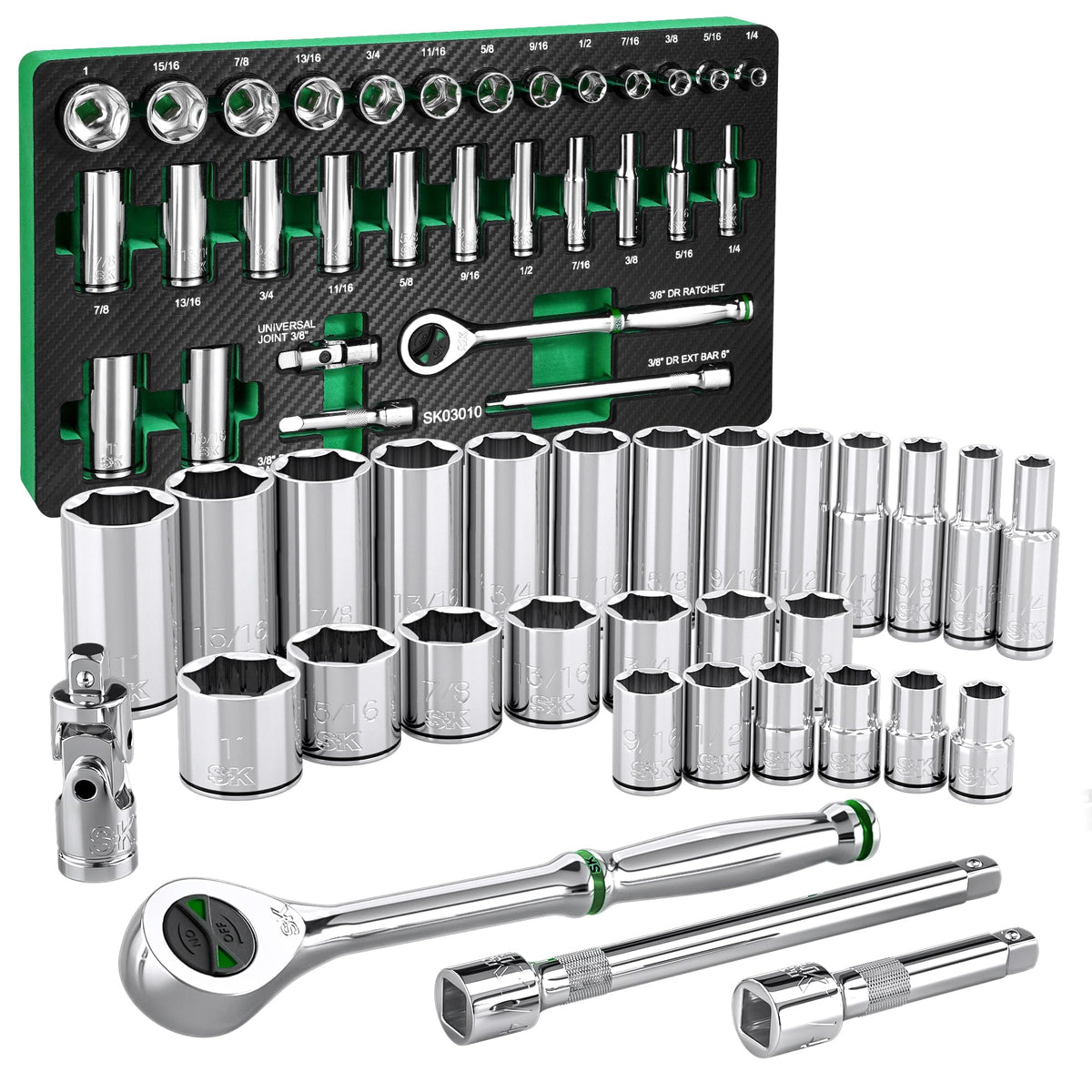 SK 3/8" Drive Socket Set with 90-Tooth Ratchet, SAE & Metric, CR-V Steel