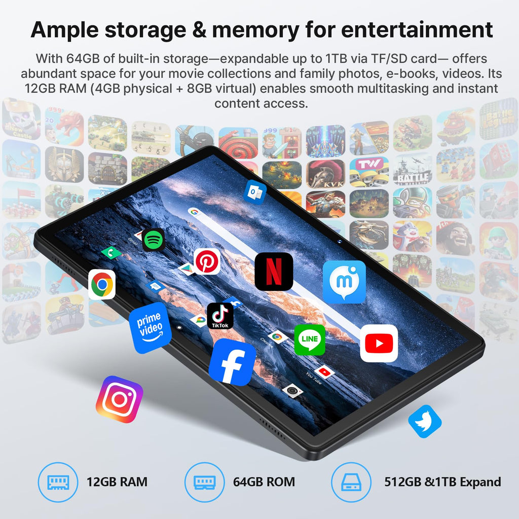 Android 16 Tablet 2026 Latest 10 Inch Tablet Octa-Core Processor AI Gemini 12GB RAM + 64GB ROM + 1TB Expand,7000mAh Battery,5GWiFi,8+13MP Camera 2in1 Tablets with Keyboard,Case,Mouse,Stylus
