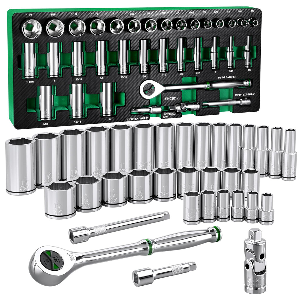 SK 3/8" Drive Socket Set with 90-Tooth Ratchet, SAE & Metric, CR-V Steel