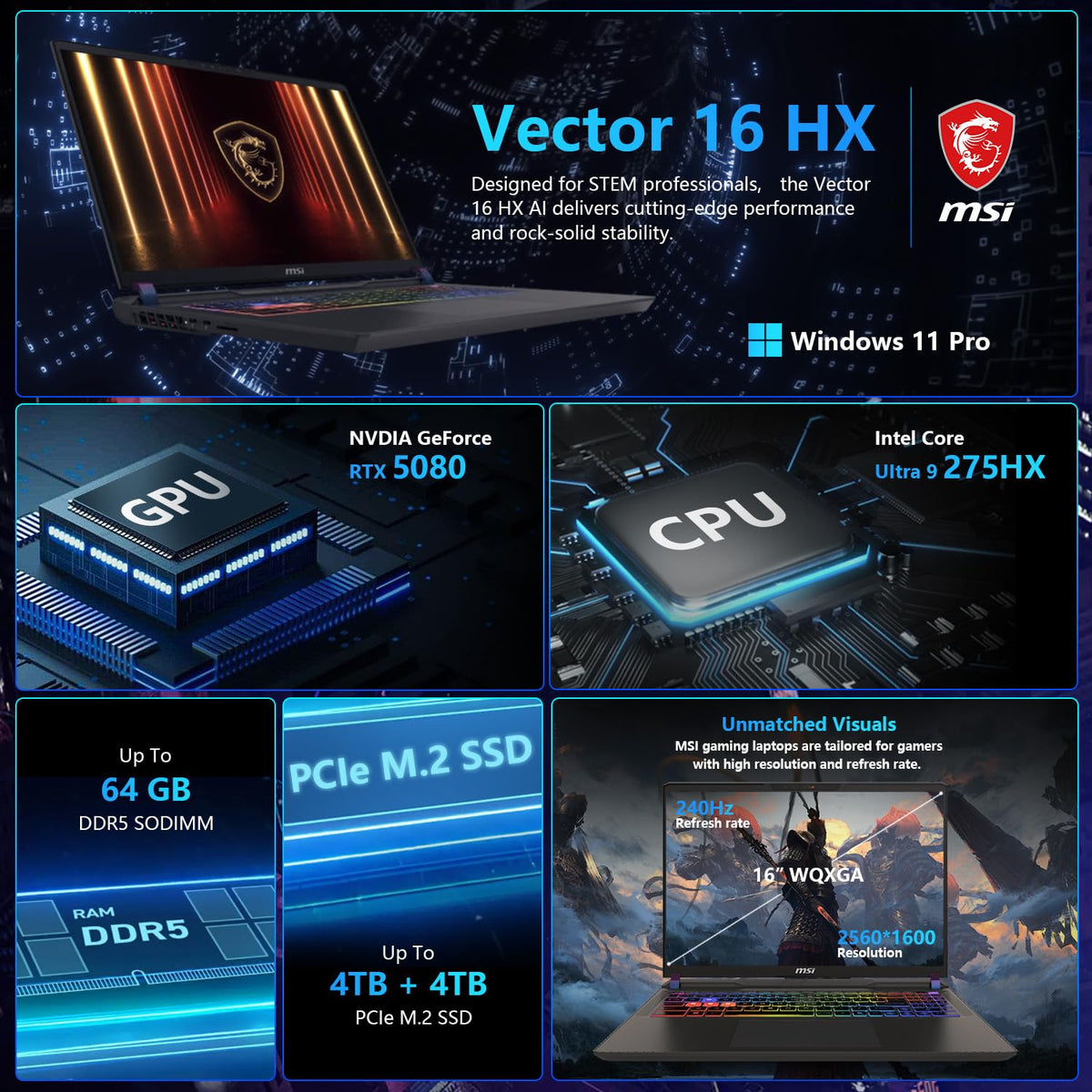 MSI Vector 16 HX RTX 5080 16" QHD+ 240Hz Display, Ultra 9 275HX(Beats i9-14900HX), NVIDIA GeForce RTX 5080 AI Pro Gaming Laptop, 64GB DDR5, 2TB SSD, RGB Backlit, Bundle with PCO Notebook Fold Radiator