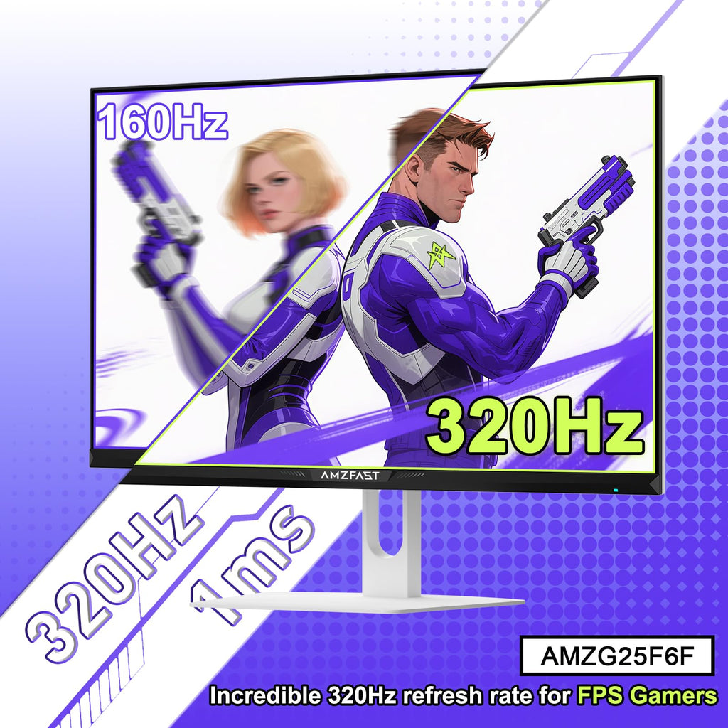 Amzfast 25 Inch White Gaming Monitor 320Hz/300Hz/240Hz, FHD 1080P 1ms Fast IPS Monitor, 12 Months Warranty (DP Cable) TÜV Rheinland Eye Care | AI Crosshair, Night Vision Function, AMZG25F6F