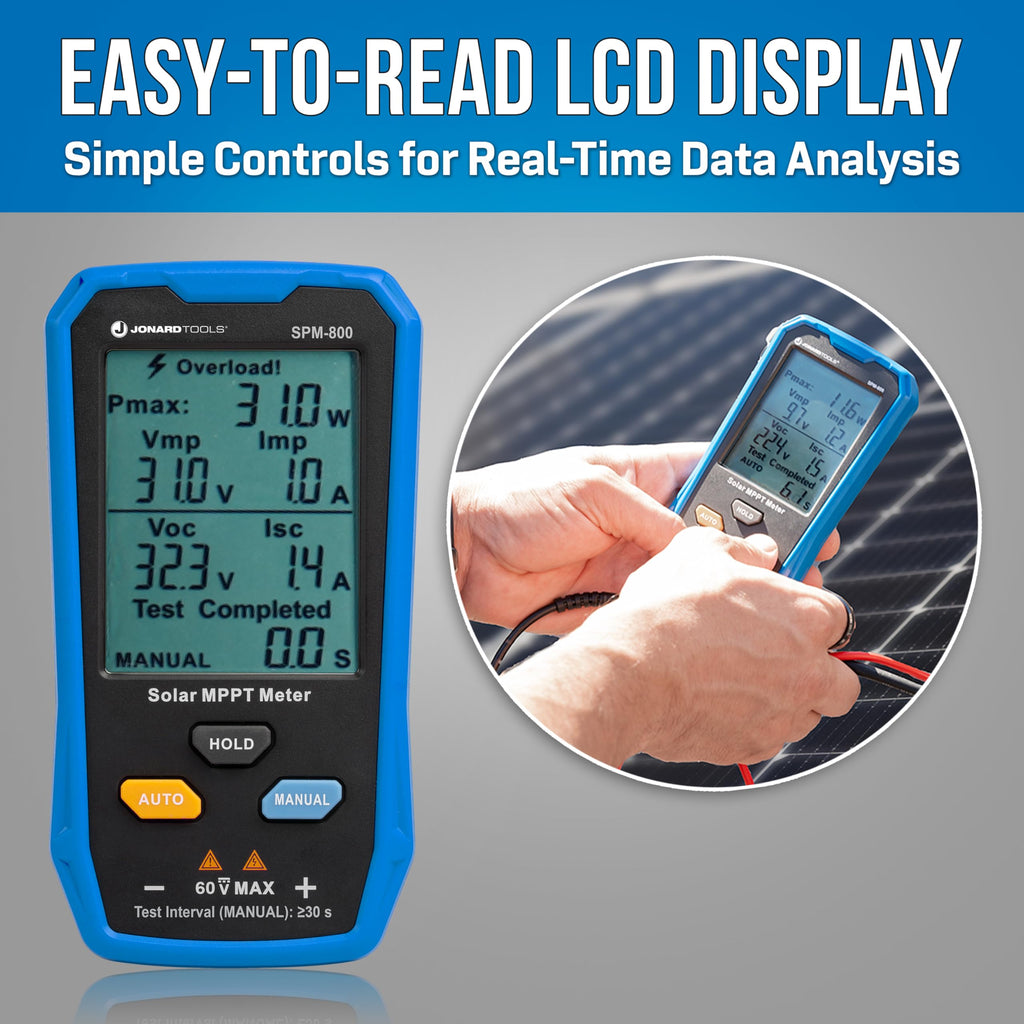 Jonard Tools SPM-800 Solar MPPT Power Meter - High-Precision Voltage, Current & Power Measurement, MC4 Leads, LCD Display, Safety Protections for Solar Panels