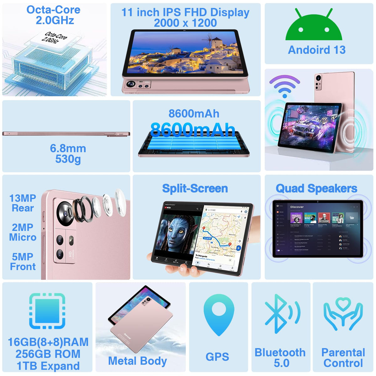 11 inch Tablet 16GB+256GB Octa-Core Android Tablets w/ 2K 2000x1200 Display