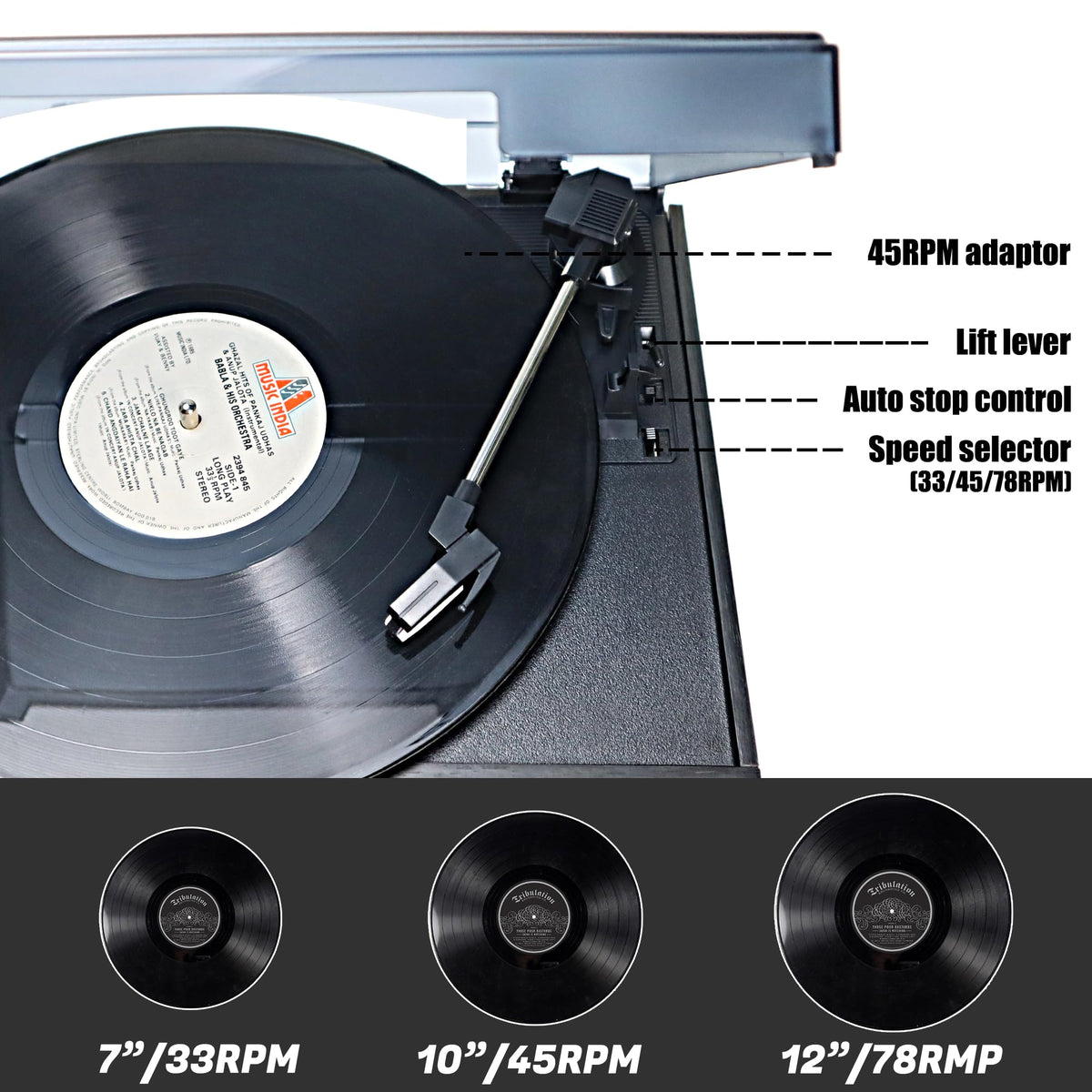 Vinyl Record Player with Dual 15W External Speakers 10 in 1 3 Speed Bluetooth Vintage Turntable CD Cassette Player AM/FM Radio USB Recorder Aux-in RCA Line-Out (Black)