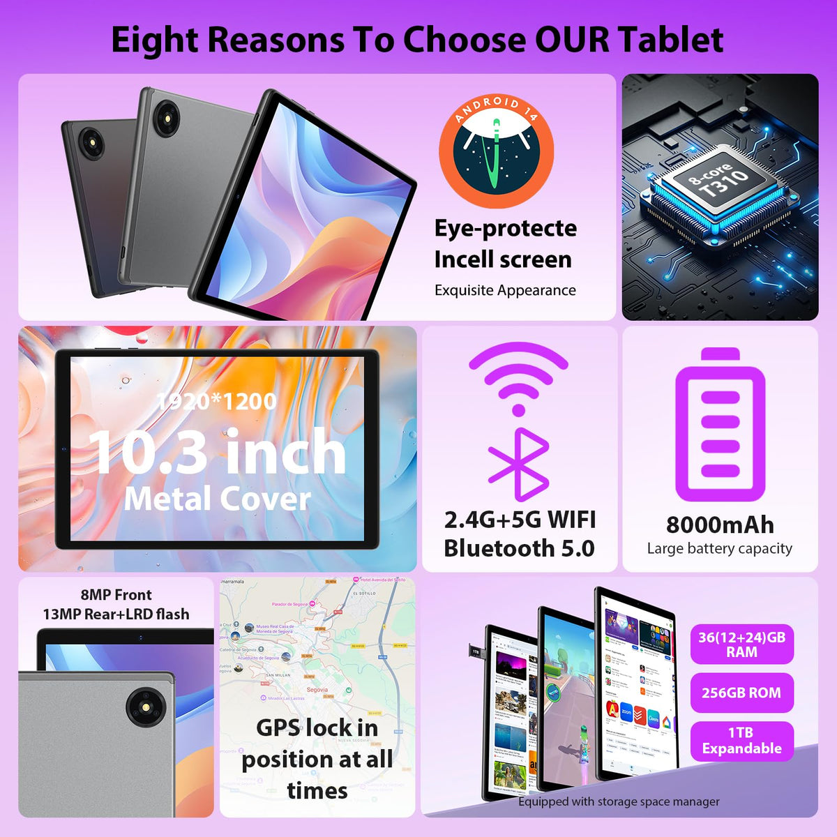 2026 Tablet with Keyboard,Stylus & Mouse, 10.3 Inch Android 13 Tablets, 2K IPS Screen, 19GB RAM 256GB (1TB TF), 8000mAh, 8-Core,8+13MP, 5G/2.4G WiFi,Tablets for Students, Adults, Play- Gray
