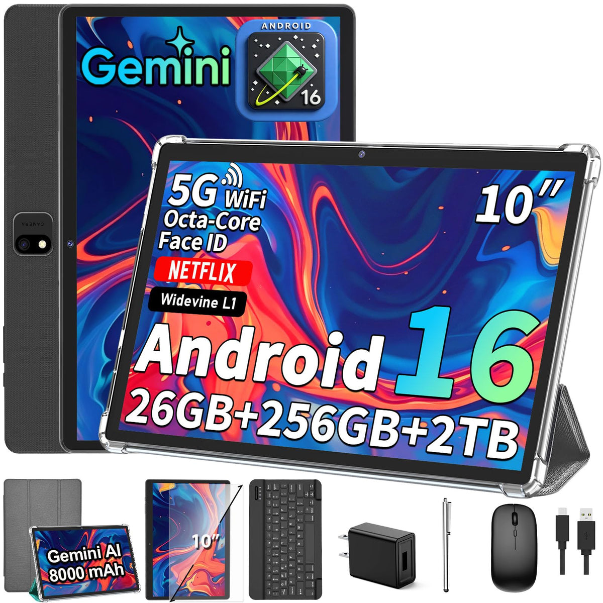 2026 Android 16 Tablet with Keyboard - 10 Inch Tablet with Gemini AI(Black)