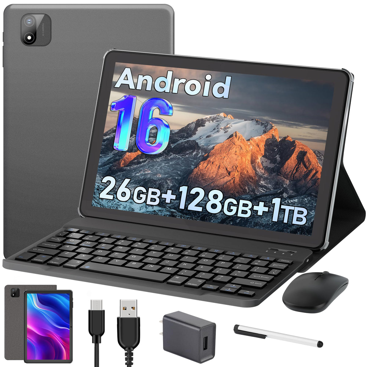 Android 16 Tablet 10.1 Inch, 26GB RAM 128GB ROM, 1TB Expandable, 5GHz WiFi