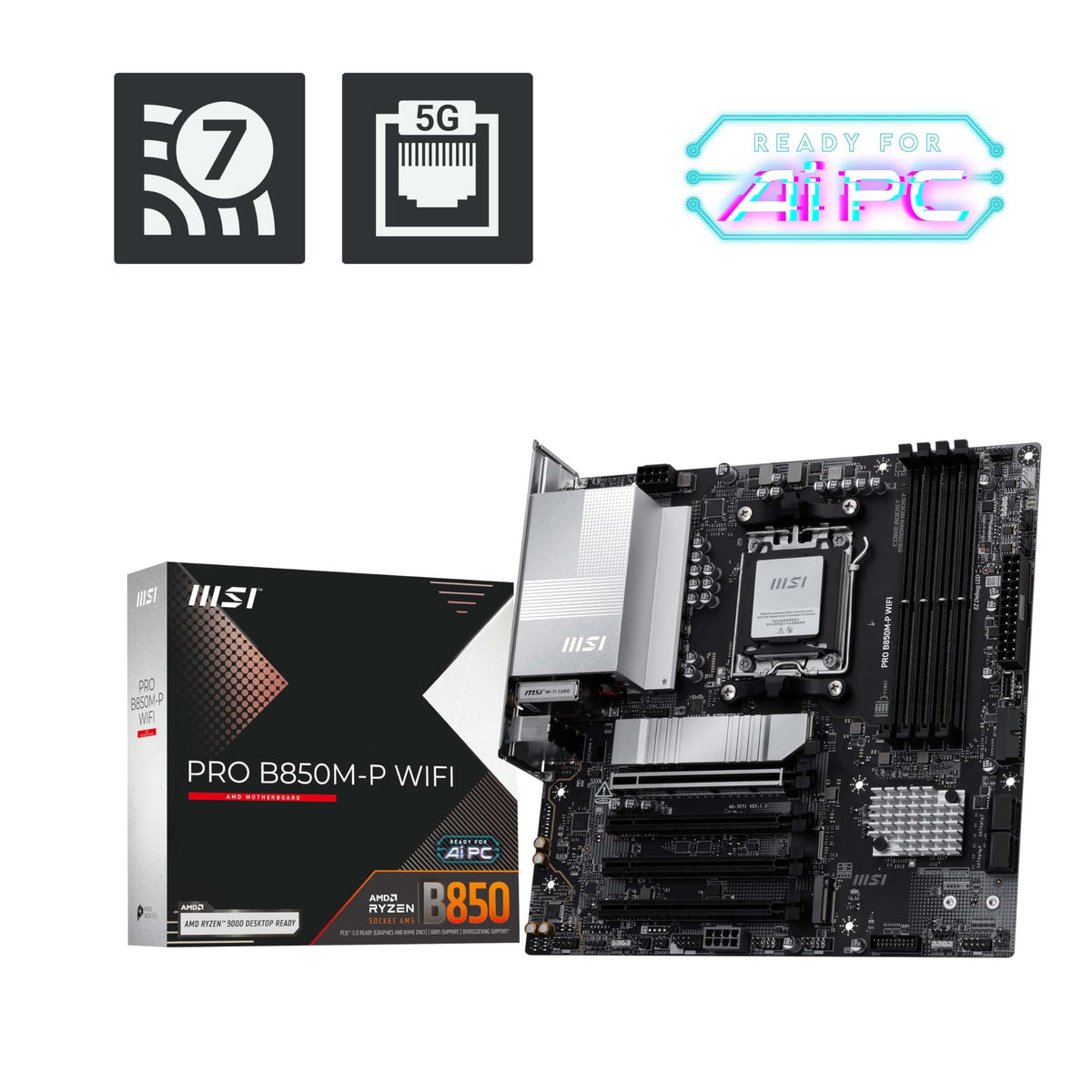 MSI PRO B850M-P WIFI Motherboard,ATX-Supports AMD Ryzen 9000-7000 Processors,AM5-DDR5 Memory Boost (8200+ MT/s OC),PCIe 5.0 x16&4.0x16,M.2 Gen5,Wi-Fi 7,5G LAN+HIGH-SPEED DDR5 RAM 16GB (1x 16GB) Bundle