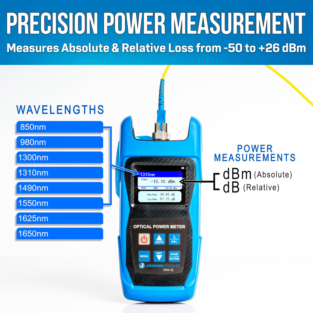 Jonard Tools FPM-55 High Precision Fiber Optic Power Meter with Data Storage (-50 to +26 dBm) and FC/SC/LC Adapters