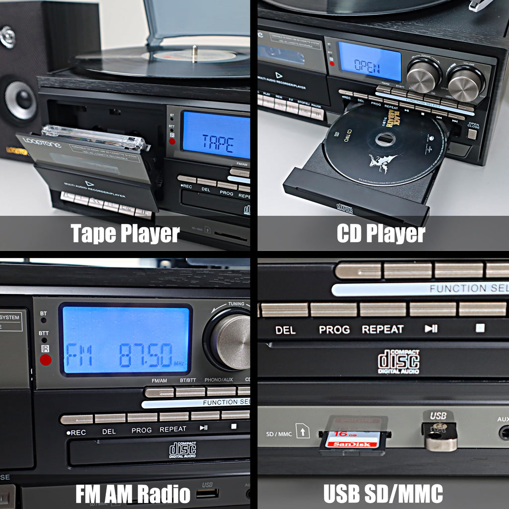 Vinyl Record Player with Dual 15W External Speakers 10 in 1 3 Speed Bluetooth Vintage Turntable CD Cassette Player AM/FM Radio USB Recorder Aux-in RCA Line-Out (Black)