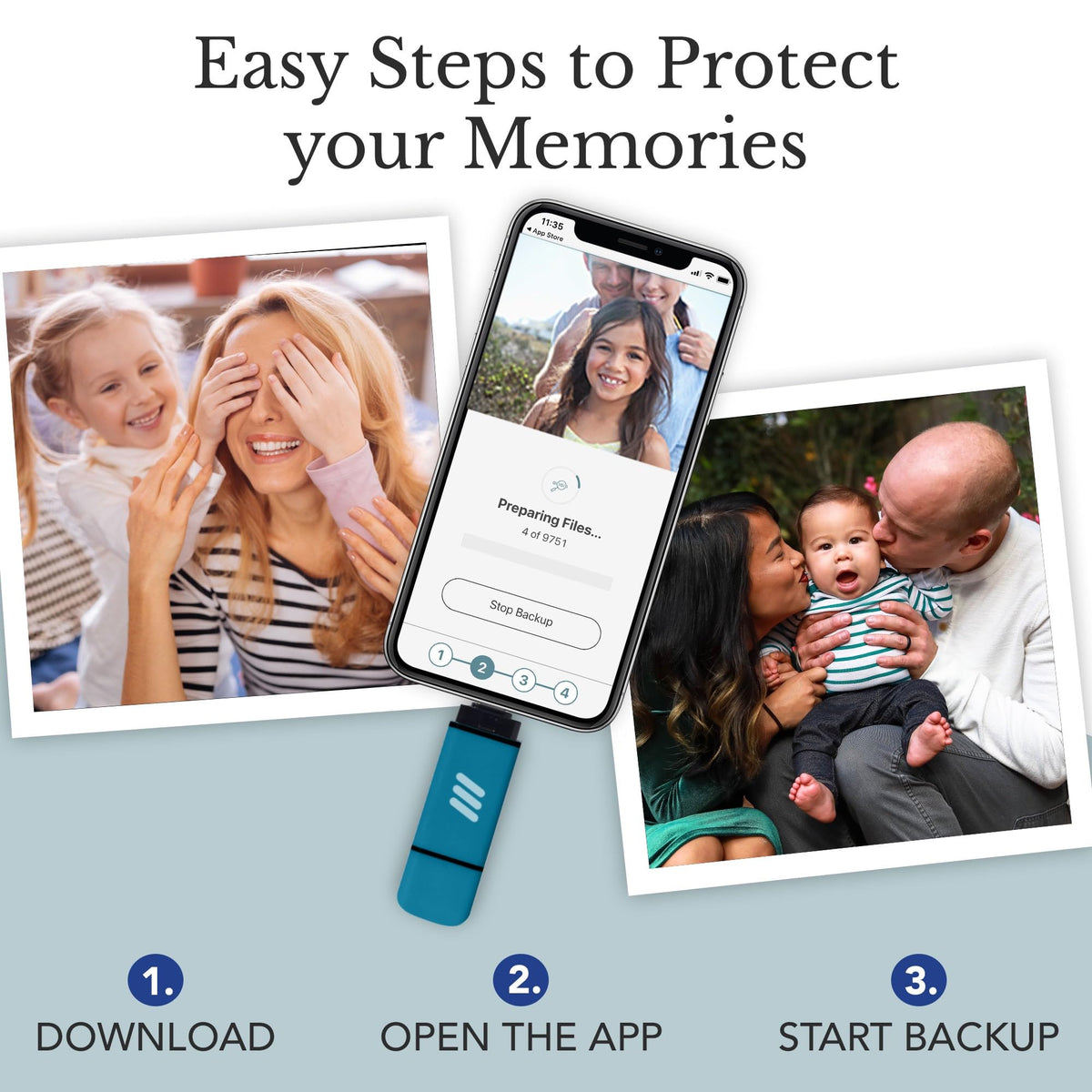 Ultimate Backup MAX Photo & Video USB Flash Drive for Apple, Android, and PC Devices (Light Blue, 512, GB)