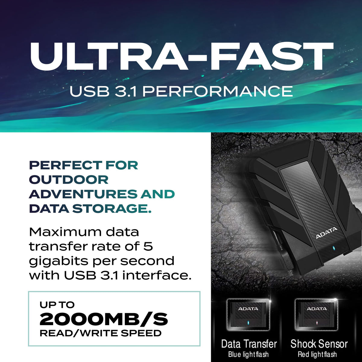 ADATA HD710 Pro - 2 TB External Hard Drive - Shockproof, Waterproof & Dustproof - Durable Storage - For Gamers, Students & Professionals - Mac, PC & Linux Compatible - Black - AHD710P-2TU31-CBK