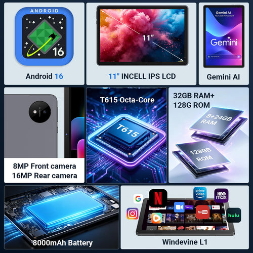 11 Inch Android 16 Tablet with Keyboard and Mouse, 32GB RAM 128GB ROM (1TB Expandable), Octa-Core Processor, 1920x1200 FHD IPS Display, 8000mAh Battery, 5G WiFi, Dual 5MP/8MP Camera, Bluetooth
