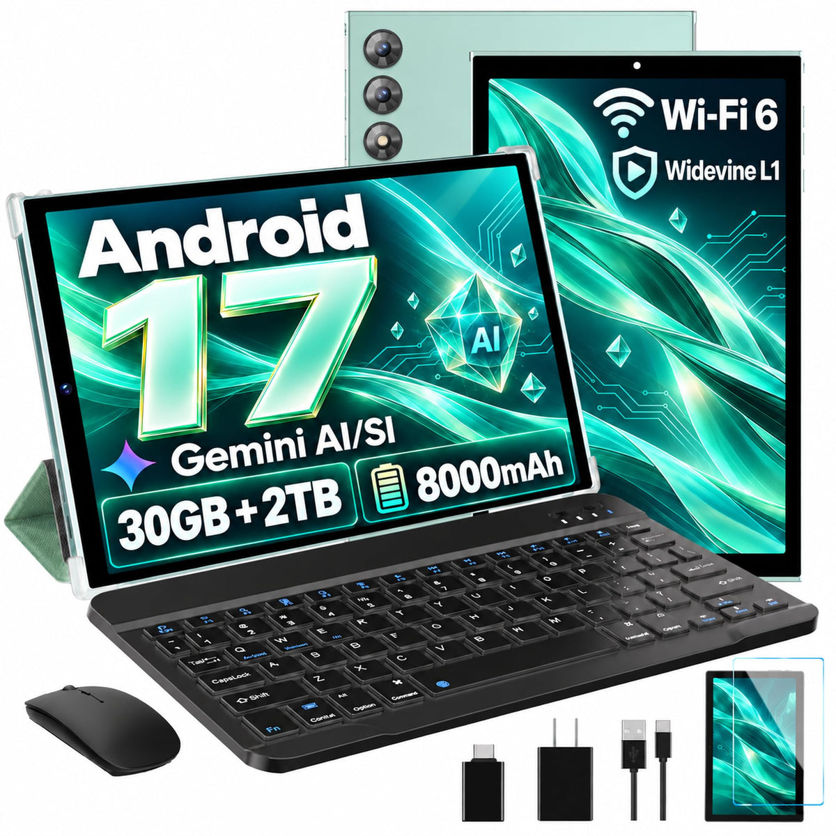 Android 17 Tablet with Keyboard, Gemini AI/SI, 8000mAh, Metal Green