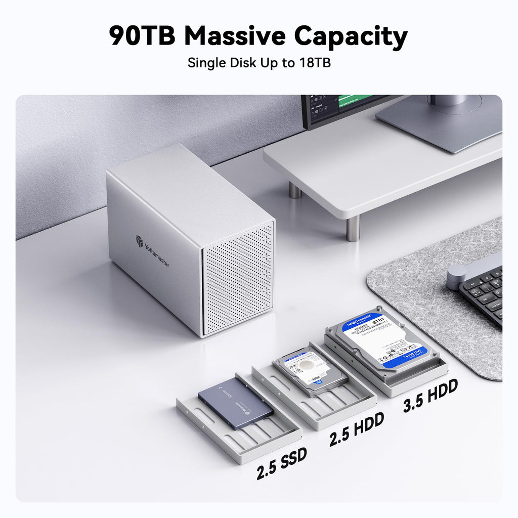 Yottamaster 5 Bay External Hard Drive Enclosure with Cooling Fan for 2.5/3.5" SATA HDD/SSD, Direct Attached Storage, Aluminum USB 3.1 Type-C HDD Enclosure Up to 110TB(5x22TB) - PS500C3