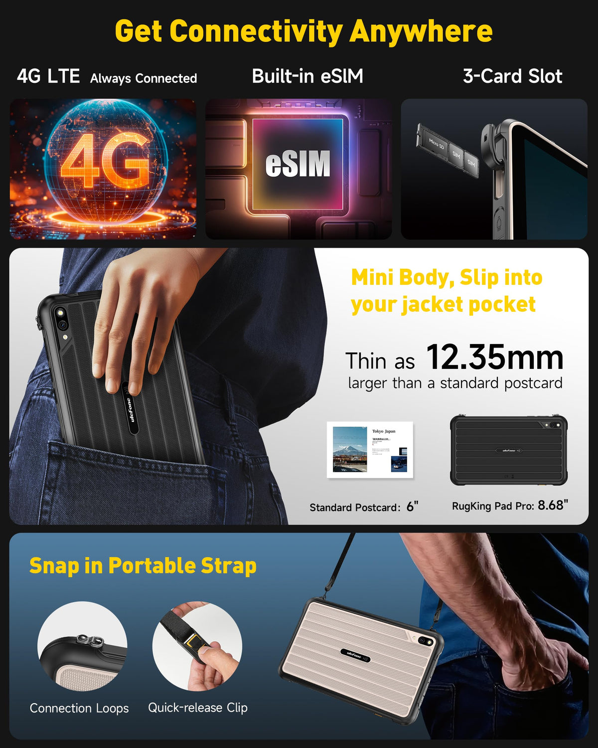 Ulefone Rugking Pad Pro 4G Rugged Tablet(Built-in eSIM), Android 16, 16GB+128GB Octa Core, 7100mAh 8.68" Corning Display 860nits Brightness, 16MP+8MP Dock Charging, IP68/69K, 133LM Super Torch - Black