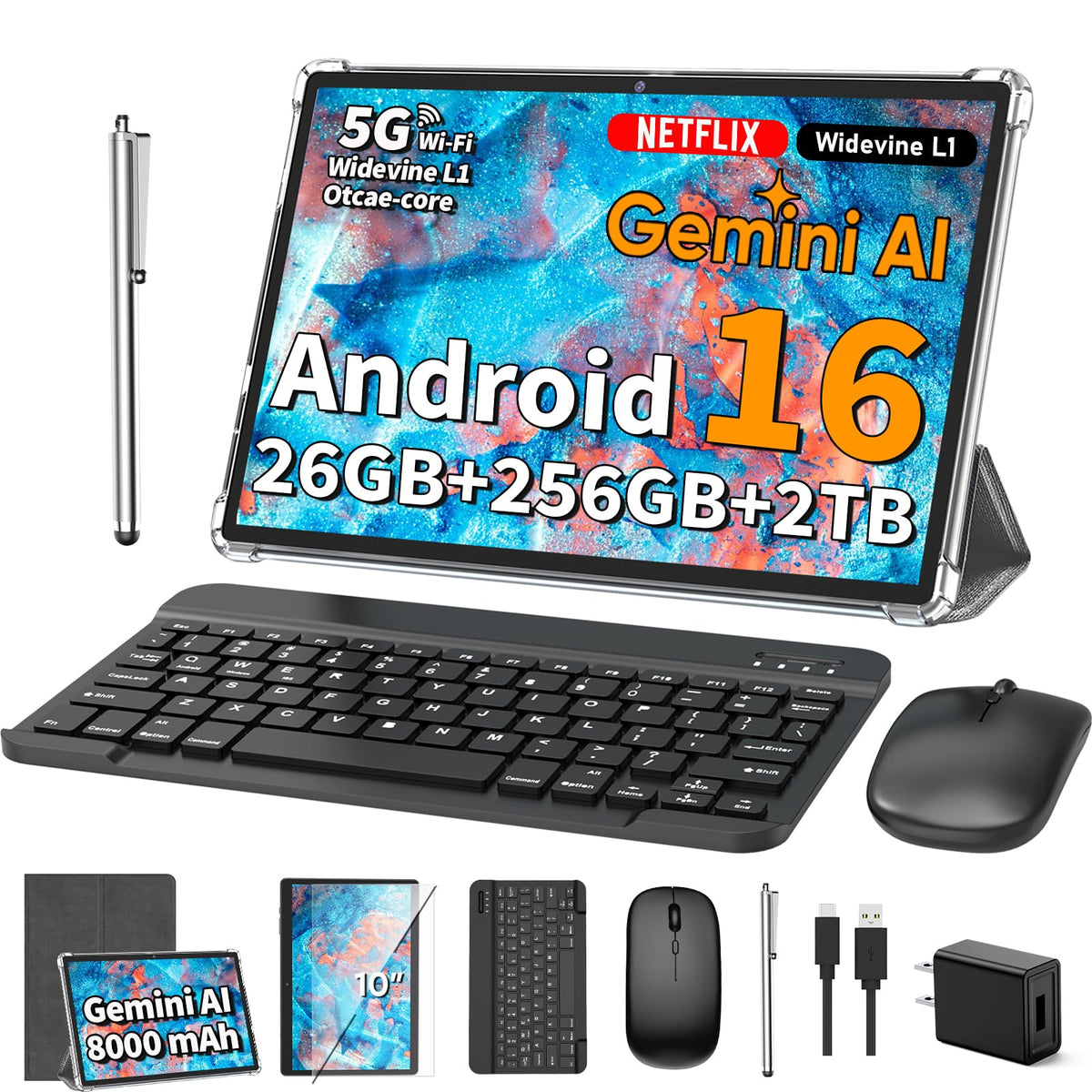 10 Inch Tablet with Keyboard - Android 16 Tablet with 26GB+256GB+2TB Expand