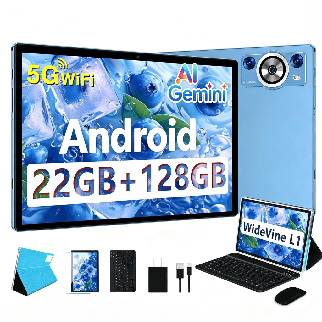 Android Tablet 22GB RAM 128GB ROM 2TB TF, 2026 Electronics Tablets 10 Inch 8000mAh with Keyboard Mouse, 2.0GHz, 5G WiFi, BT 5.0, Gemini AI, GMS Certified, Incell Display (Blue)