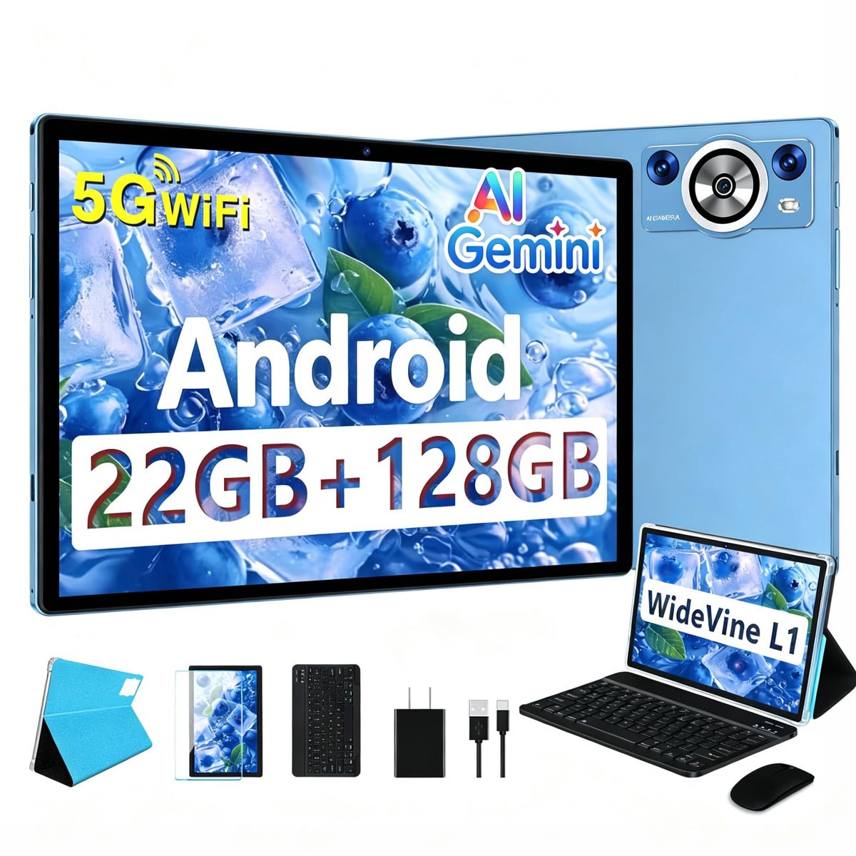 Android Tablet 22GB RAM 128GB ROM 2TB TF, 2026 Electronics Tablets 10 Inch 8000mAh with Keyboard Mouse, 2.0GHz, 5G WiFi, BT 5.0, Gemini AI, GMS Certified, Incell Display (Blue)