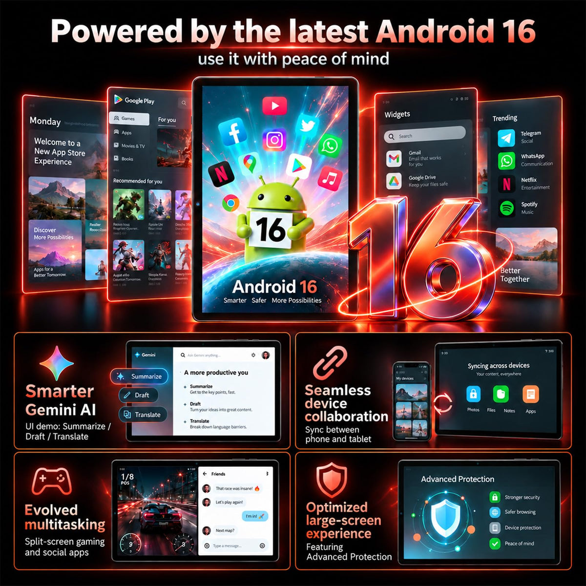 Android Tablet, 2026 Android 16 Tablet with Keyboard, 26GB+256GB, Gemini AI