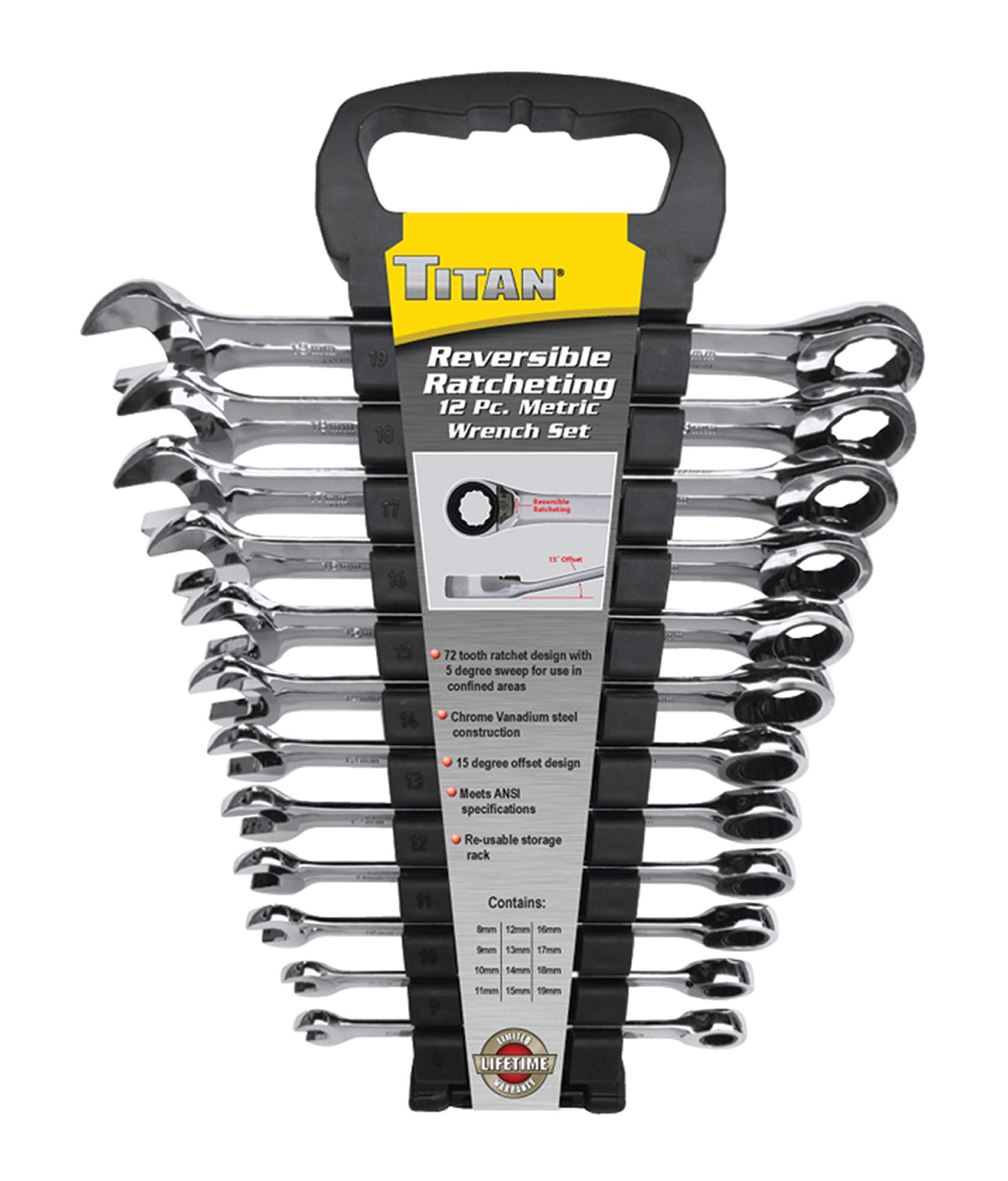Titan 17366 13-Piece 12 Point 72 Tooth SAE Flex Head Ratcheting Combination Wrench Set
